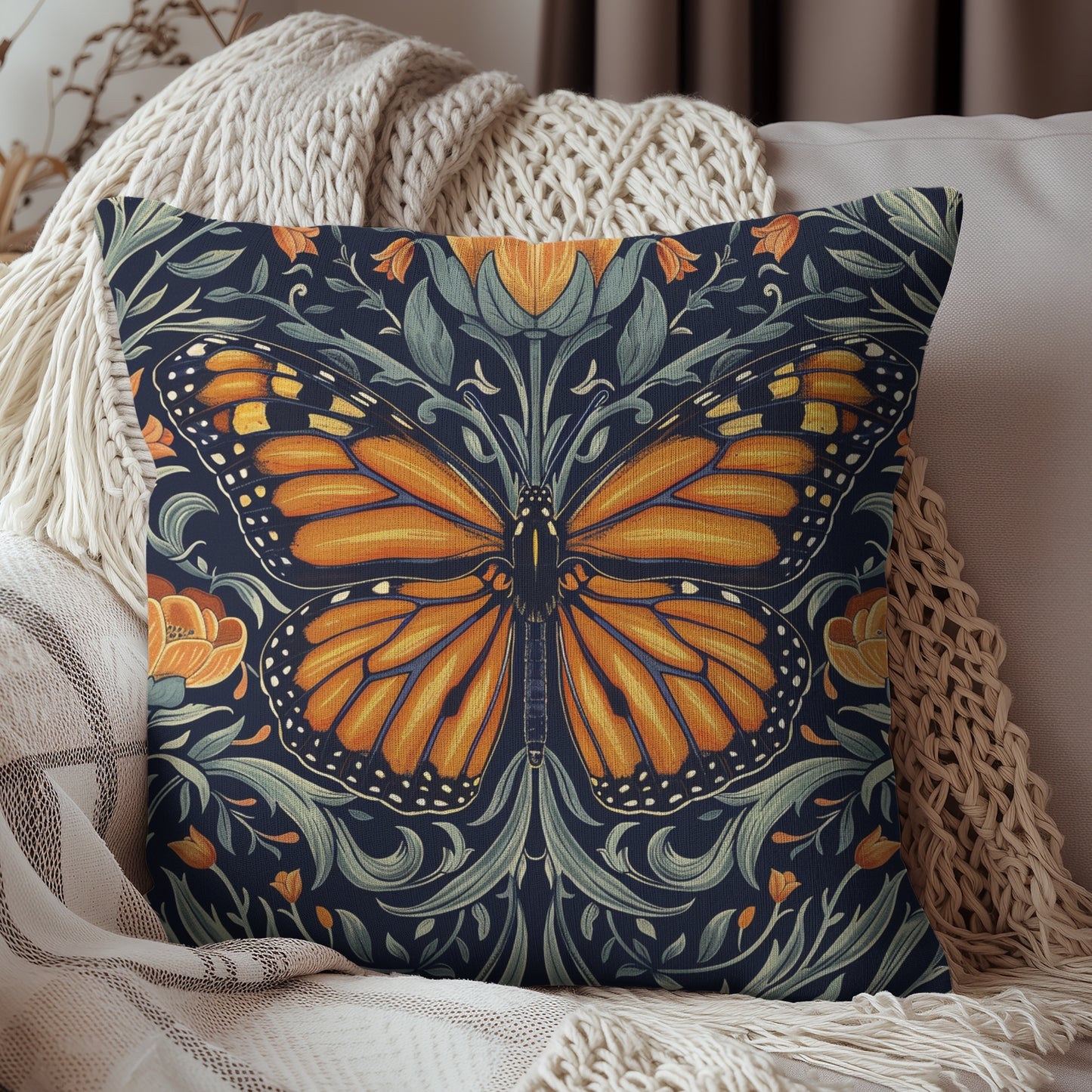 William Morris Inspired Monarch Butterfly Spring Pillow, Decorative Monarch Butterfly Polyester Square Pillow