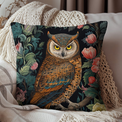 William Morris Inspired Night Owl Pillow, Decorative Owl Cushion, Spun Polyester Square Pillow