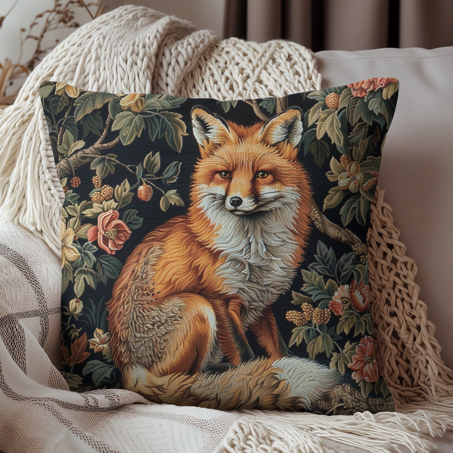 Forest Fox William Morris Inspired | Fox Ancient Decorative Pillow