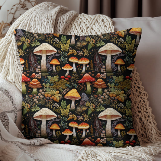 Forest Mushrooms Embroidery Pattern Pillow | Cottagecore Art Nouveau Pillow Cushion Gift for Her