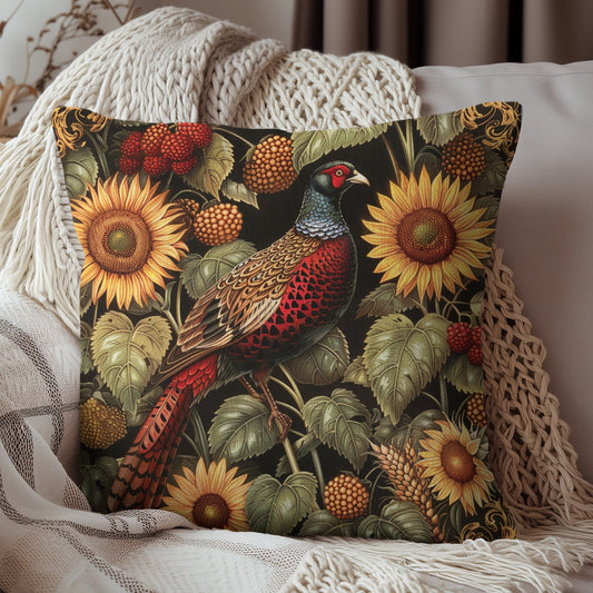 Pheasant Sunflowers Art Seco Print Throw Pillow | Decorative Pillow William Morris Inspired | Cottage-core Pillow