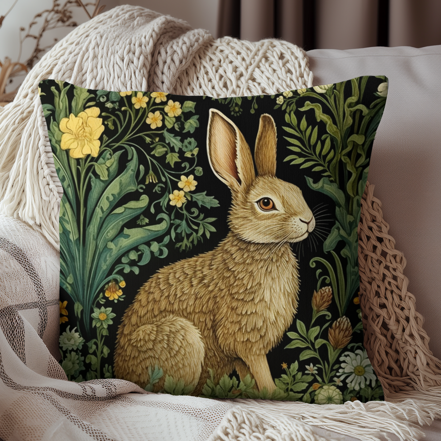 Botanical Rabbit Pillow | William Morris Inspired | Retro Farmhouse Home Decor | Easter Gift