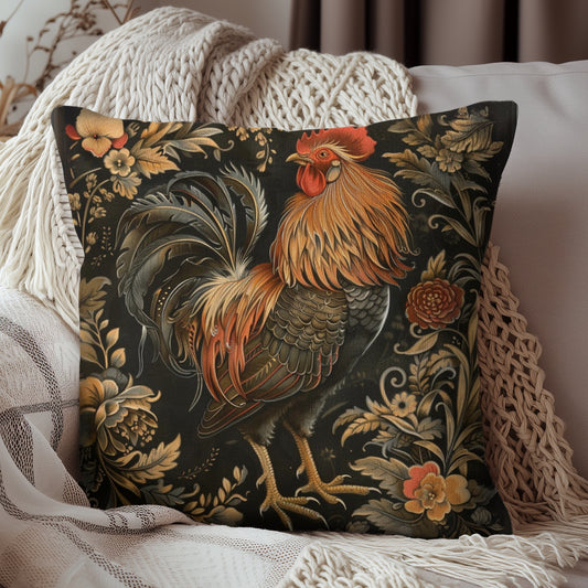 Vintage Rooster William Morris Inspired Pillow, Farmhouse Decorative Rooster Cushion, Spun Polyester Square Pillow