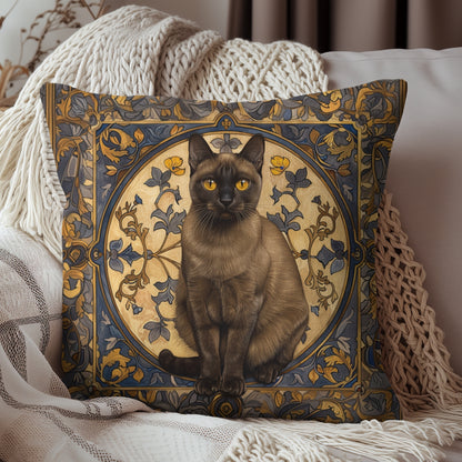 Art Deco Burmese Cat Decorative Pillow | William Morris Inspired | Cottage-core Pillow