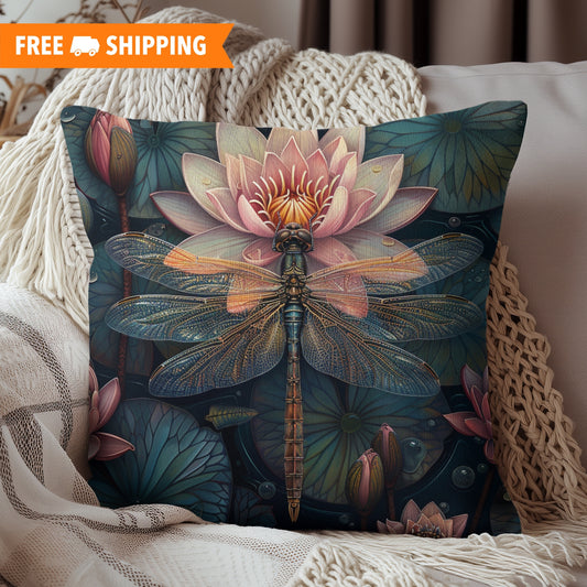 Art Deco Dragonfly Pink Water Lily Throw Pillow | Decorative Pillow William Morris Inspired | Cottage-core Pillow