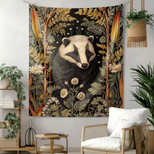 Tapestry of Botanical Badger | William Morris Medieval Style Wall Art | Cottagecore Hanging and Home Decor