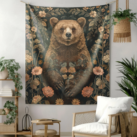 Tapestry of Botanical Bear | William Morris Medieval Style Wall Art | Cottagecore Hanging and Home Decor