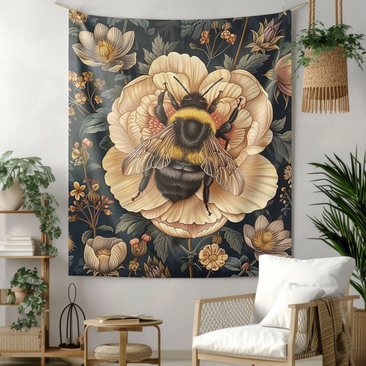 Tapestry of Bumblebee Peony Flowers | William Morris Inspired Cottagecore Hanging and Home Decor