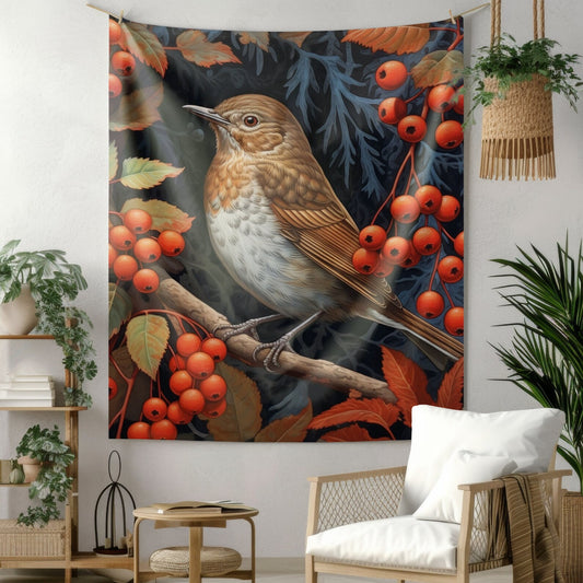 Tapestry of Forest Song Thrush Bird | William Morris Inspired Cottagecore Hanging and Home Decor