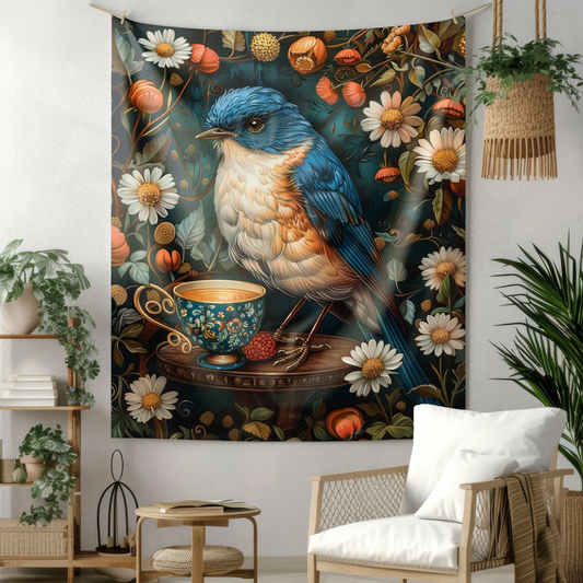 Tapestry of Bluebird Daisy William Morris Medieval Style Wall Art Cottagecore Hanging and Home Decor