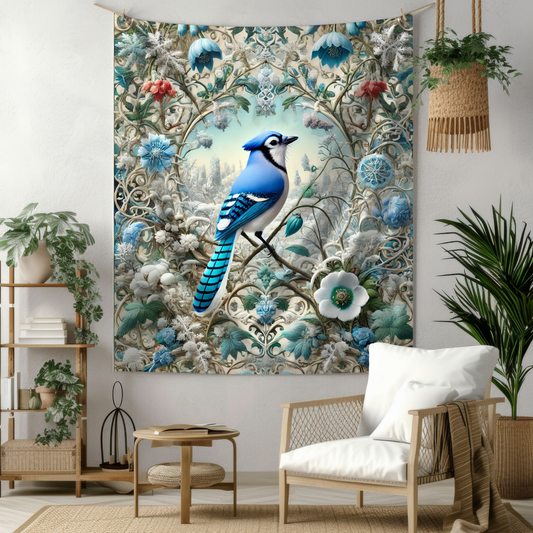 Tapestry of Blue Jay Winter Flower Garden William Morris Inspired Hanging Bird Florals Home Decor