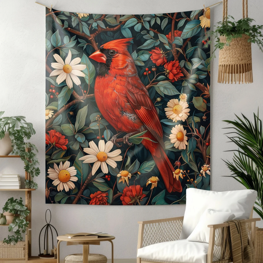 Tapestry of Cardinal Daisy William Morris Inspired Cottage Art Nouveau Indoor Wall Tapestries