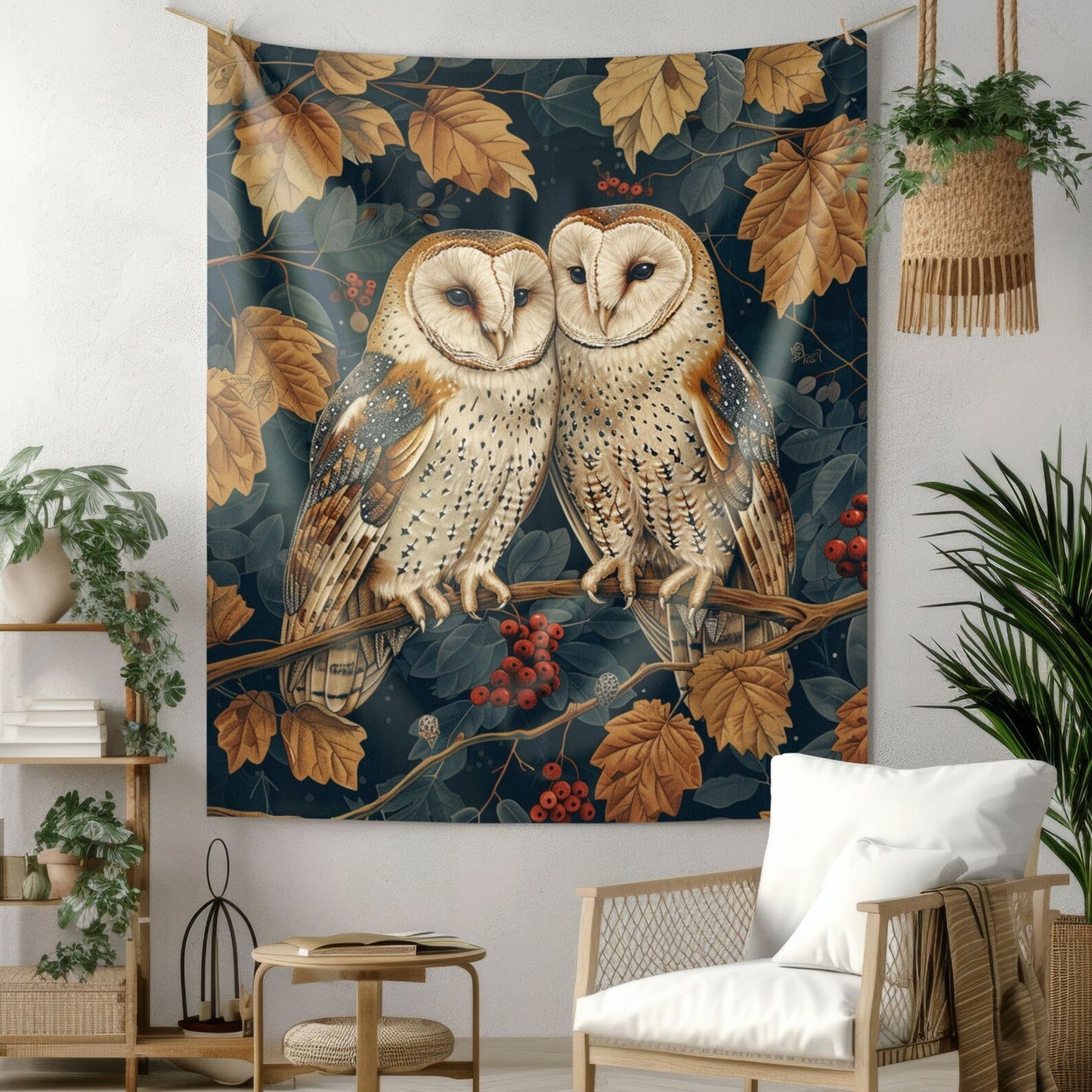 Tapestry of Couple Barn Owl | William Morris Medieval Style Wall Art | Cottagecore Hanging and Home Decor