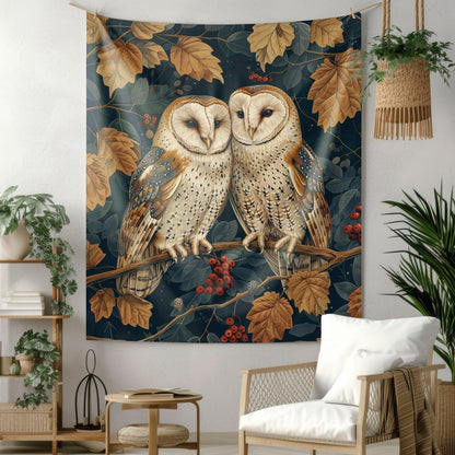 Tapestry of Couple Barn Owl | William Morris Medieval Style Wall Art | Cottagecore Hanging and Home Decor