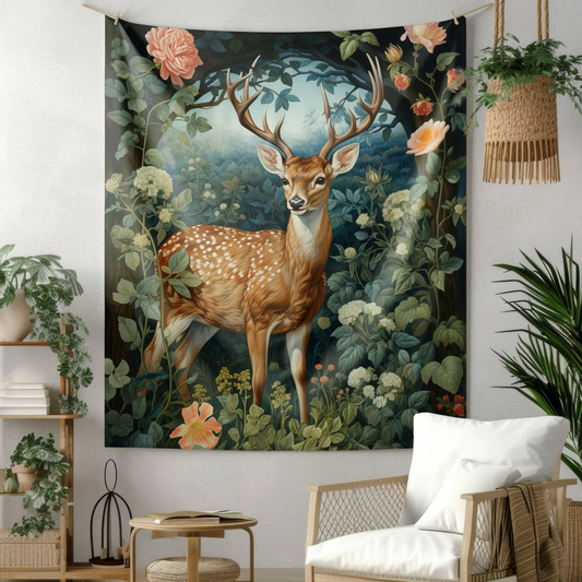 Tapestry of Forest Botanical Deer William Morris Inspired Cottagecore Indoor Wall Tapestries