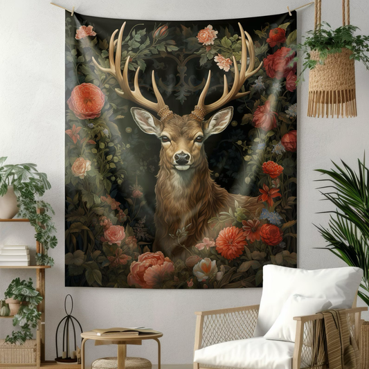 Tapestry of Forest Deer William Morris Inspired Cottage Art Nouveau Indoor Wall Tapestries