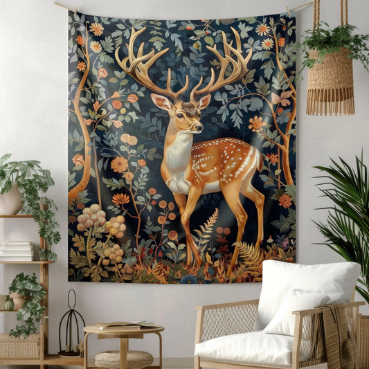 Tapestry of Floral Reindeer, William Morris Inspired, Cottagecore Indoor Wall Tapestries