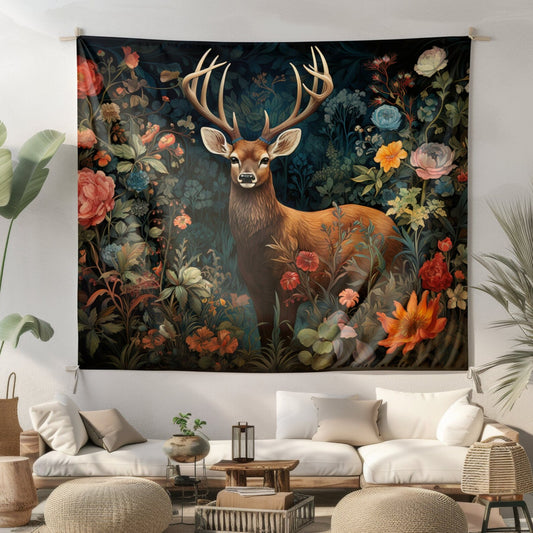 Tapestry of Forest Deer | William Morris Medieval Style Wall Art | Cottagecore Hanging and Home Decor