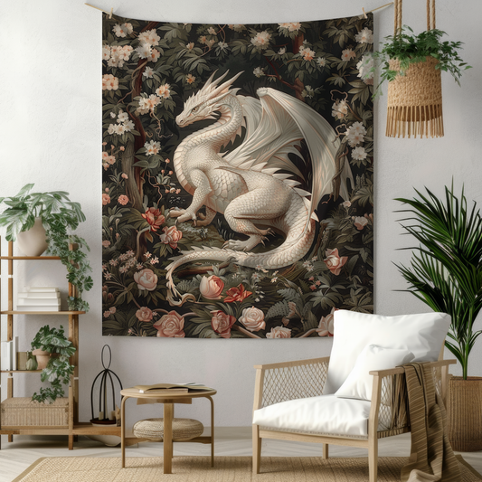 Tapestry of Magical White Dragon | William Morris Medieval Style Wall Art | Cottagecore Hanging and Home Decor