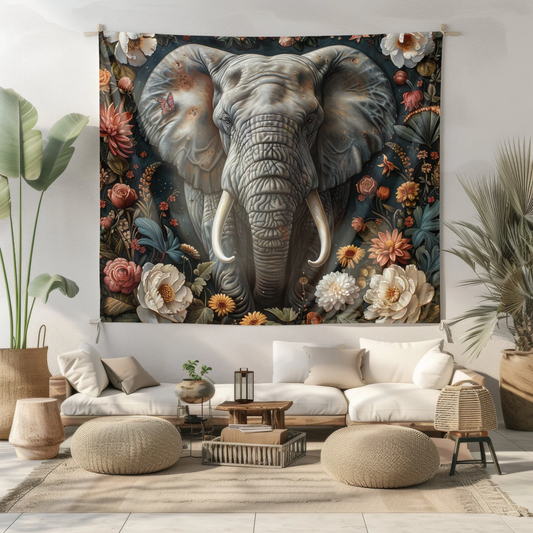 Tapestry of Wild Elephant In The Forest | Elephant Art Deco Style Tapestry Wall Art | Cottagecore Hanging and Home Decor