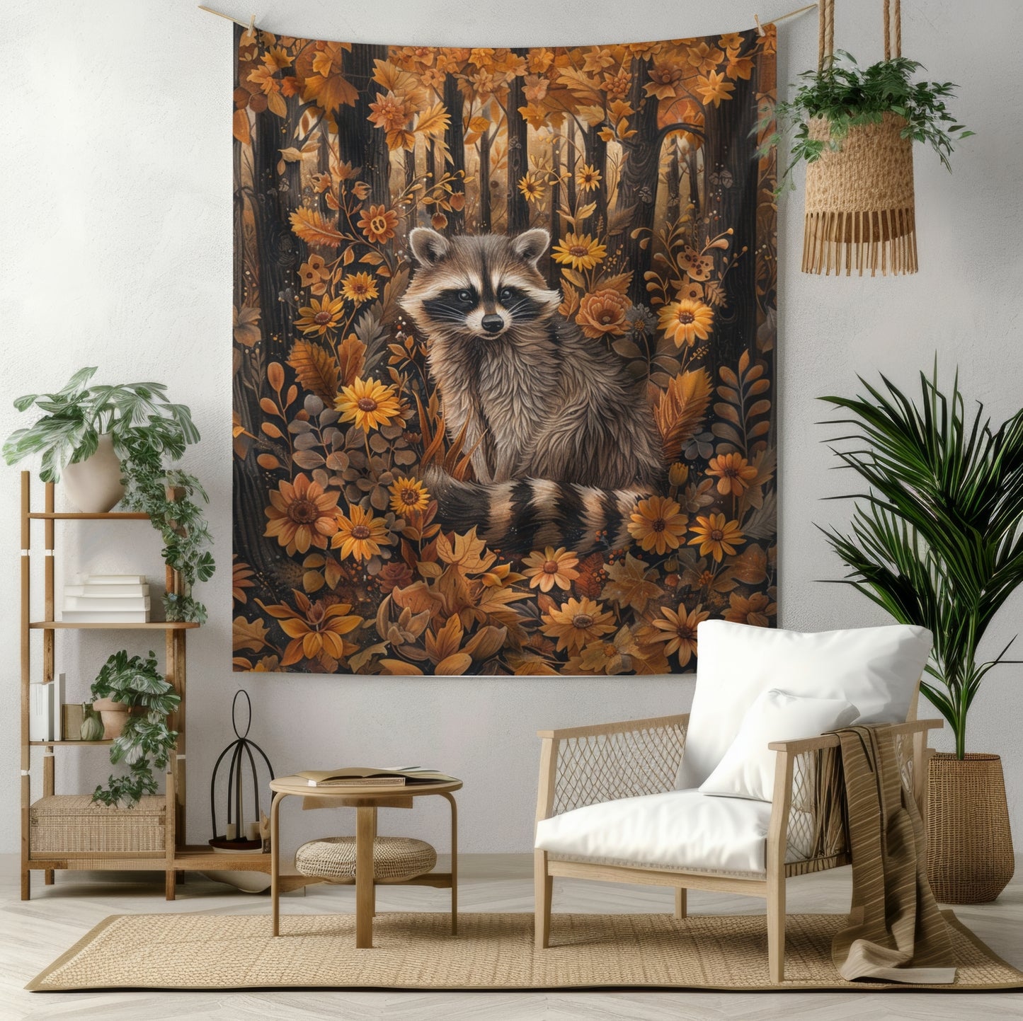 William Morris Inspired Woodland Raccoon Autumn Forest Tapestry Wall Art