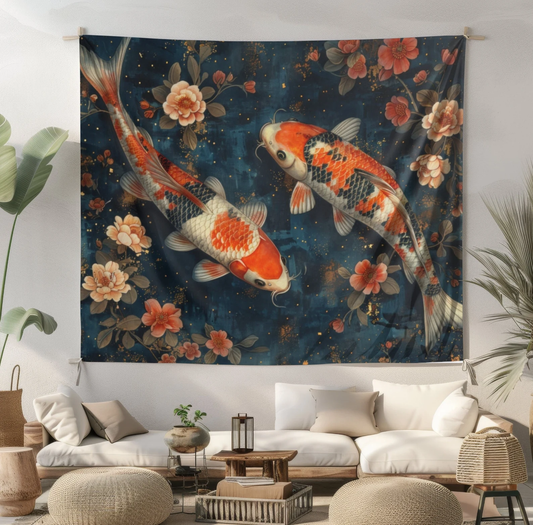 Tapestry of Koi Fish | Art Deco Style Wall Art | Cottagecore Hanging and Home Decor