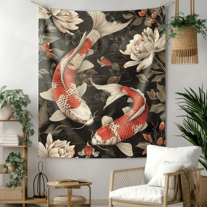 Tapestry of Japanese Koi Fish | William Morris Medieval Style Wall Art | Cottagecore Hanging and Home Decor