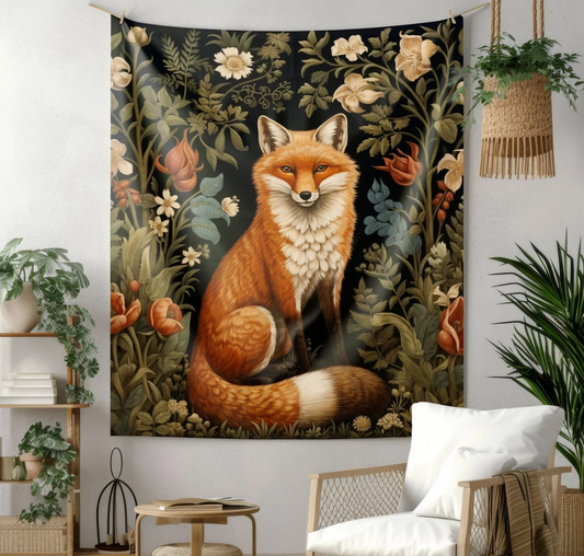 Tapestry of Botanical Fox Print William Morris Inspired, Cottagecore Vintage Fox Indoor Wall Tapestries