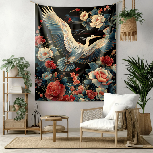 Tapestry of  flying heron and Roses | Vietnamese Art Style Wall Art Tapestry | Cottagecore Hanging and Home Decor