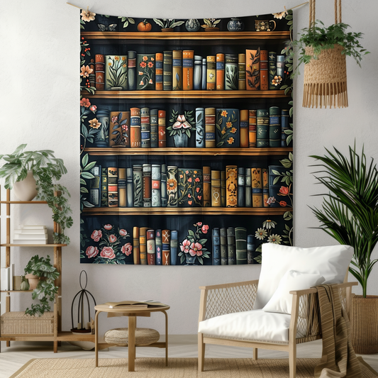 William Morris Inspired Vintage Bookshelf Botanical Indoor Wall Tapestries , Gift For Reader Person Tapestry, Boho Room Decor