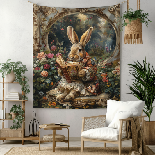 William Morris Inspired Rococo Bunny Reading Vintage Book | Cottagecore Hanging and Home Decor