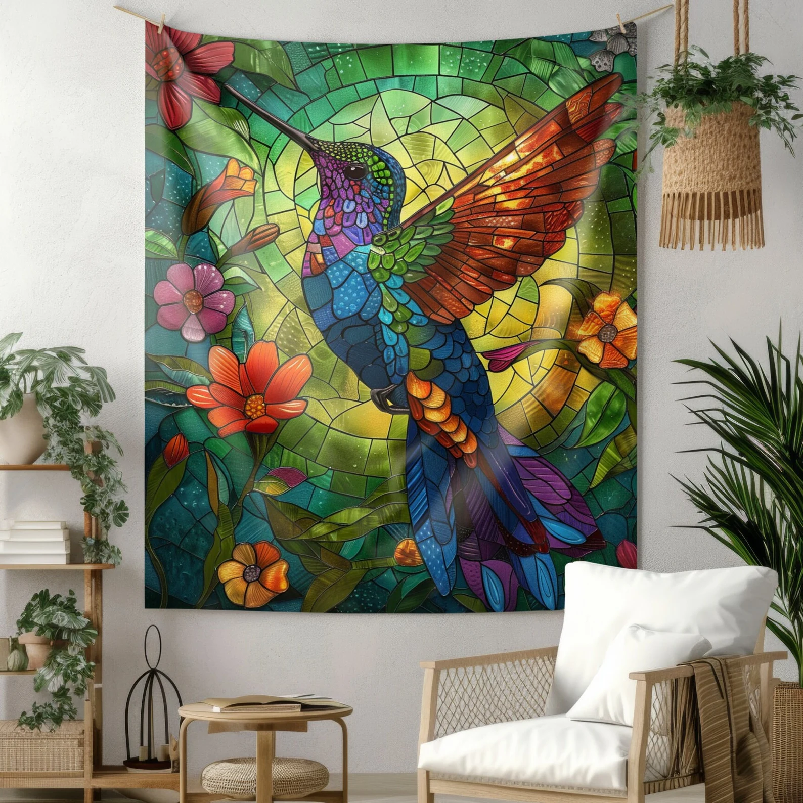 Tapestry of Humming Bird Faux Stained Glass Vibrant Psychedelic Art Wa ...