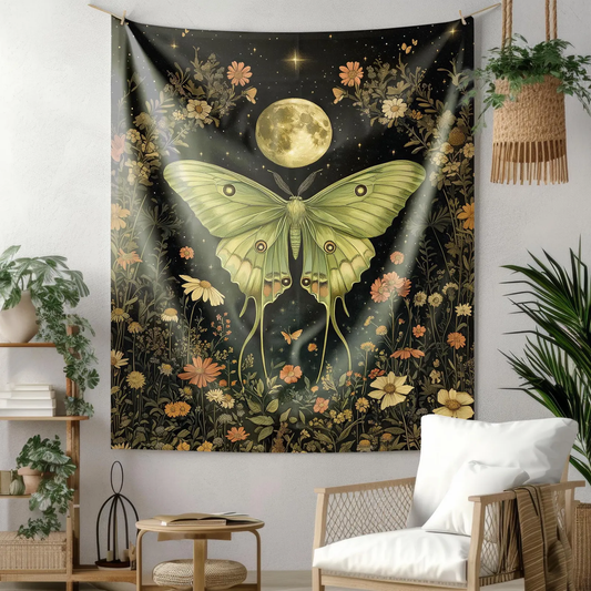 Tapestry of Luna Moth Full Moon, William Morris Inspired, Art Deco Indoor Wall Tapestries