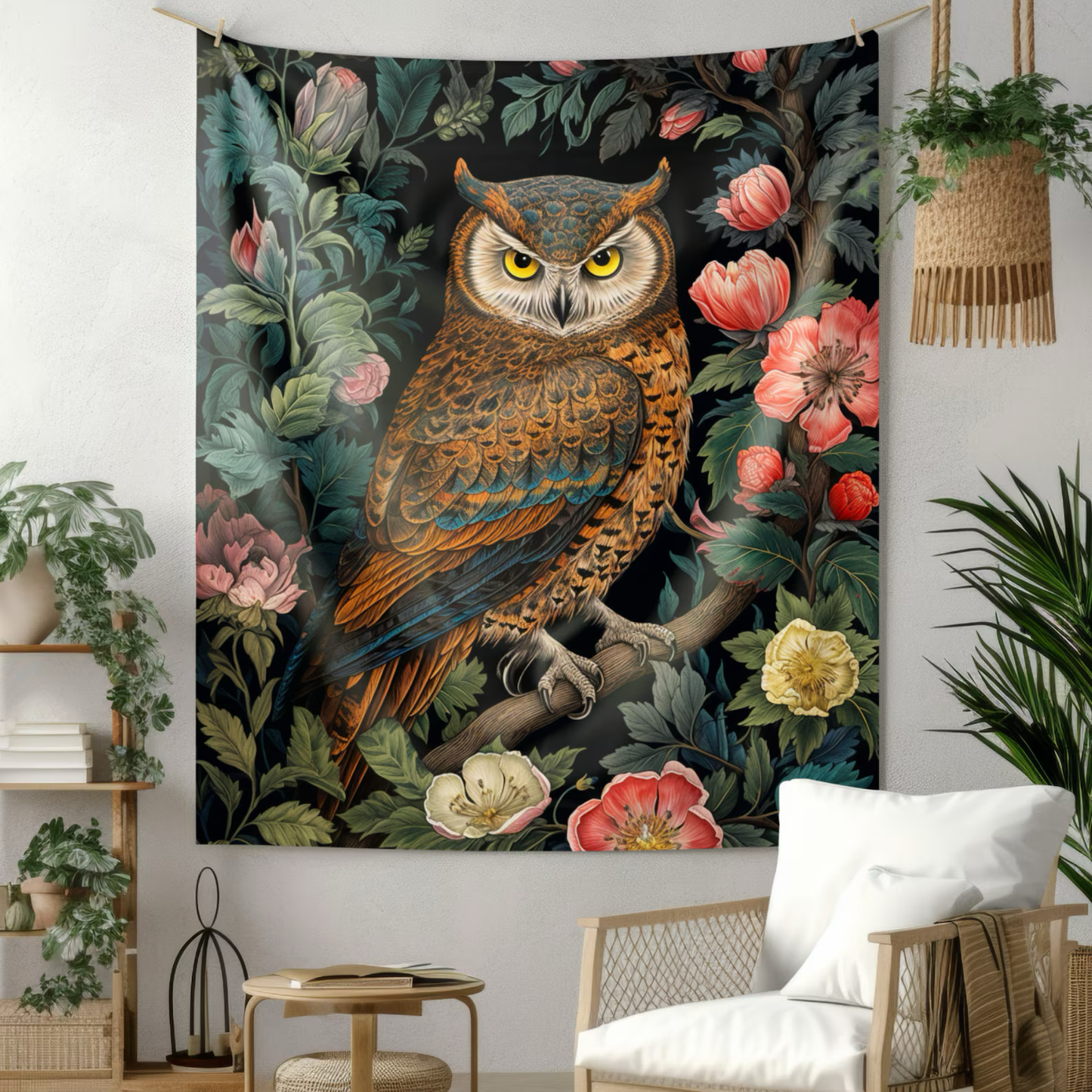 Tapestry of Floral Night Owl | William Morris Medieval Style Wall Art | Cottagecore Hanging and Home Decor