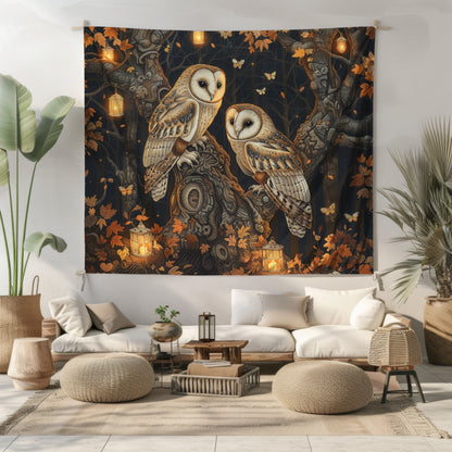 Enchanted Forest Owls Magical Night Indoor Wall Tapestries, William Morris Inspired Tapestry Art, Home Decor, Dorm Room, Boho Chic