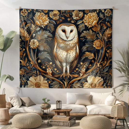 Tapestry of Vintage Barn Owl | Art Deco Style Wall Art | Cottagecore Hanging and Home Decor