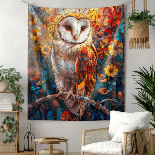 Tapestry of Forest Barn Owl Faux Stained Glass Vibrant Psychedelic Art Wall Tapestries