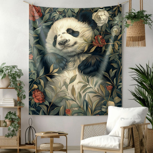 Tapestry of Botanical Panda | William Morris Medieval Inspired | Cottagecore Hanging and Home Decor