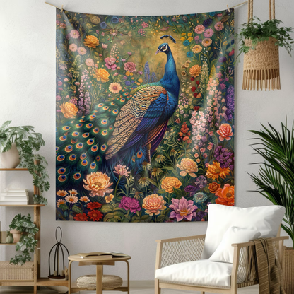 Tapestry of Peacock Wildflowers | William Morris Inspired Art Deco Hanging and Home Decor