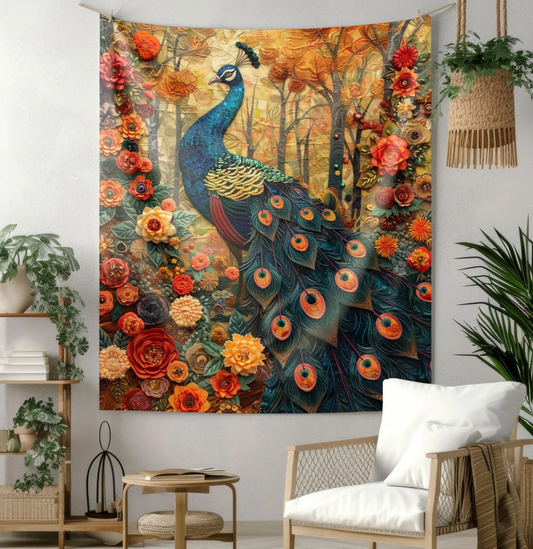 Tapestry of Peacock Wildflowers| Art Deco Style Wall Art | Cottagecore Hanging and Home Decor