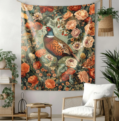 Tapestry of Pheasant Floral Garden | William Morris Art Deco Hanging Home Decor | Pheasant Fall Season Wall Tapestry