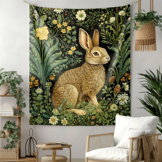 Tapestry of Botanical Bunny, William Morris Inspired, Cottagecore Indoor Wall Tapestries