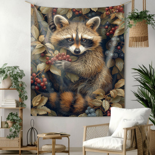 Tapestry of Raccoon And Berries | William Morris Medieval Style Wall Art | Cottagecore Hanging and Home Decor