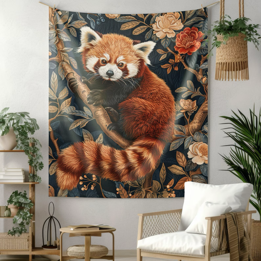 Tapestry of Botanical Red Panda | William Morris Inspired | Cottagecore Hanging and Home Decor