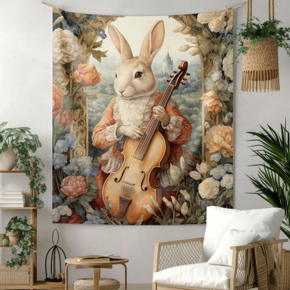 Tapestry of Rococo Rabbit Plays The Cello William Morris Inspired Indoor Wall Tapestries