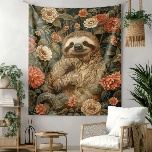 Tapestry of Botanical Sloth | William Morris Medieval Style Wall Art | Cottagecore Hanging and Home Decor