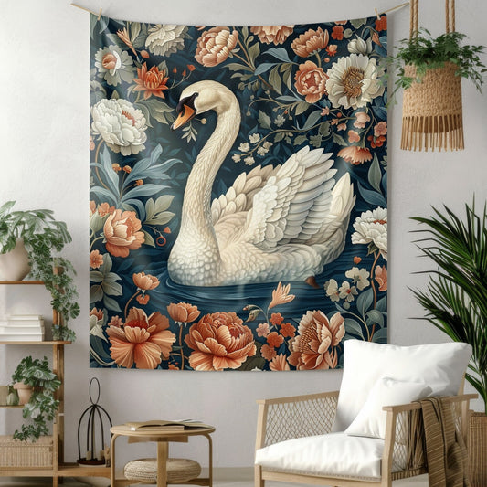 Tapestry of Botanical White Swan | William Morris Inspired Cottagecore Hanging and Home Decor