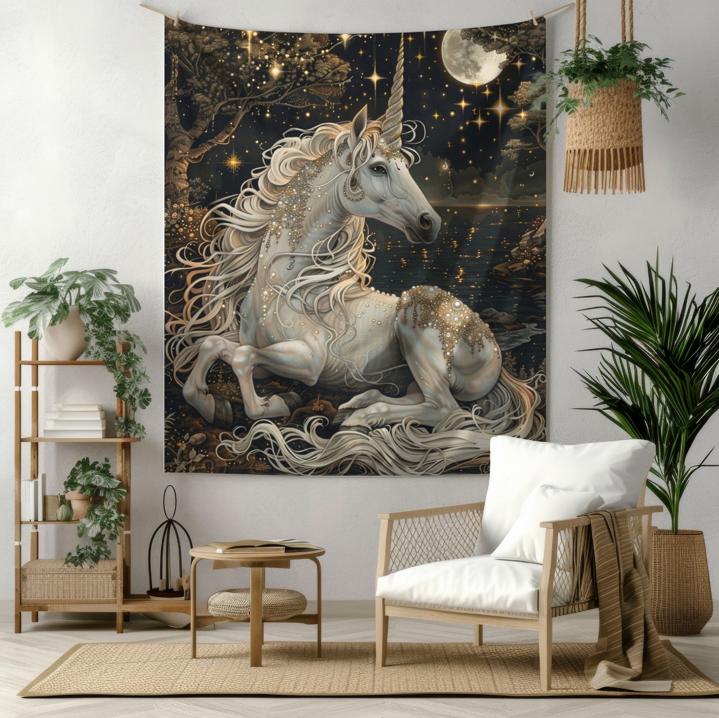 Victorian White Pearl Unicorn Whimsical Night William Morris Inspired Tapestry Wall Art