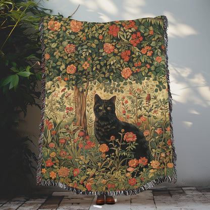 Black Cat Art Nouveau Woven Blanket, Cozy Home Decor, William Morris Inspired Cotton Blanket