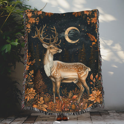 Reindeer Fall Forest Woven Blanket, Cozy Home Decor, William Morris Inspired Cotton Blanket